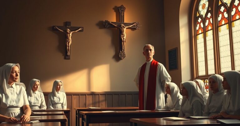 Obraz przedstawiający katolicki nauczyciela i uczniów w klasycznym, tradycyjnym otoczeniu, symbolizujący krytykę sekularyzacji edukacji w Kościele
