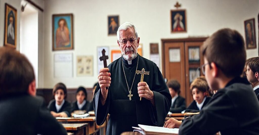 Stary nauczyciel w sutannie, trzymający krzyż, uczy uczniów w tradycyjnej sali lekcyjnej katolickiej szkoły, z ikonami religijnymi na ścianach.