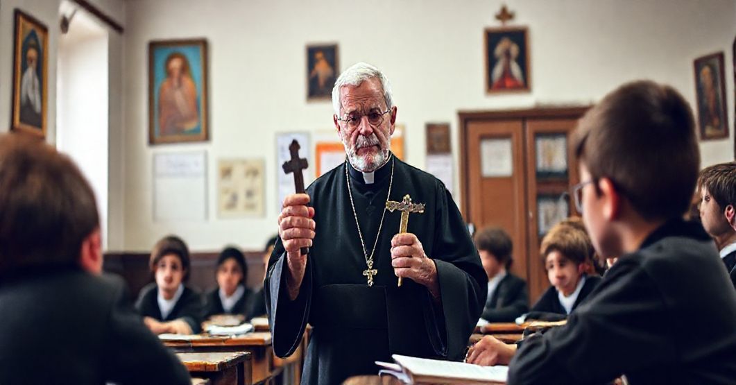 Stary nauczyciel w sutannie, trzymający krzyż, uczy uczniów w tradycyjnej sali lekcyjnej katolickiej szkoły, z ikonami religijnymi na ścianach.