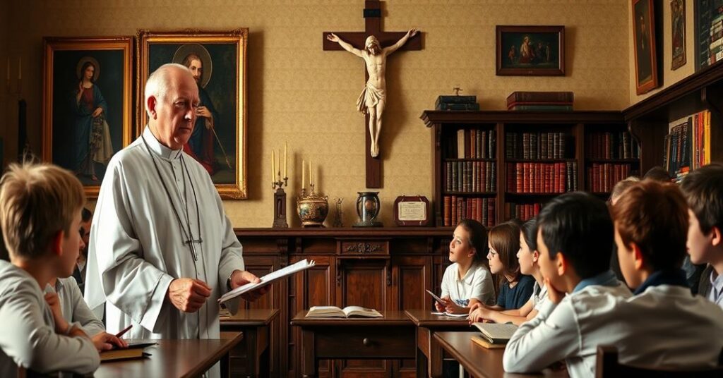 Stary kleryk w sutannie uczy grupę uczniów w tradycyjnym katolickim klasie, podkreślając znaczenie prawdziwego katolickiego wykształcenia.