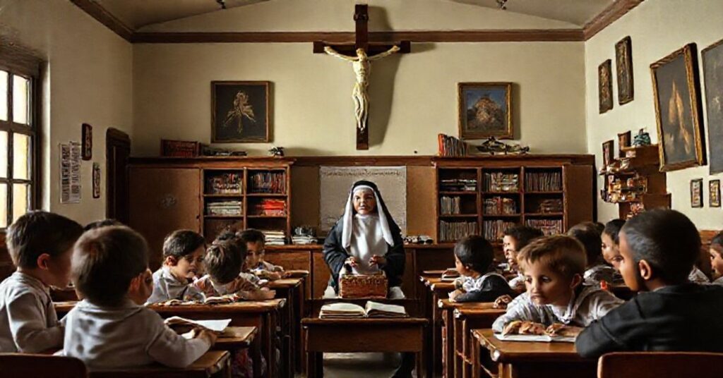 Stara klasa szkolna z krzyżem i zakonnicą nauczającą uczniów w tradycyjnym katolickim stylu.