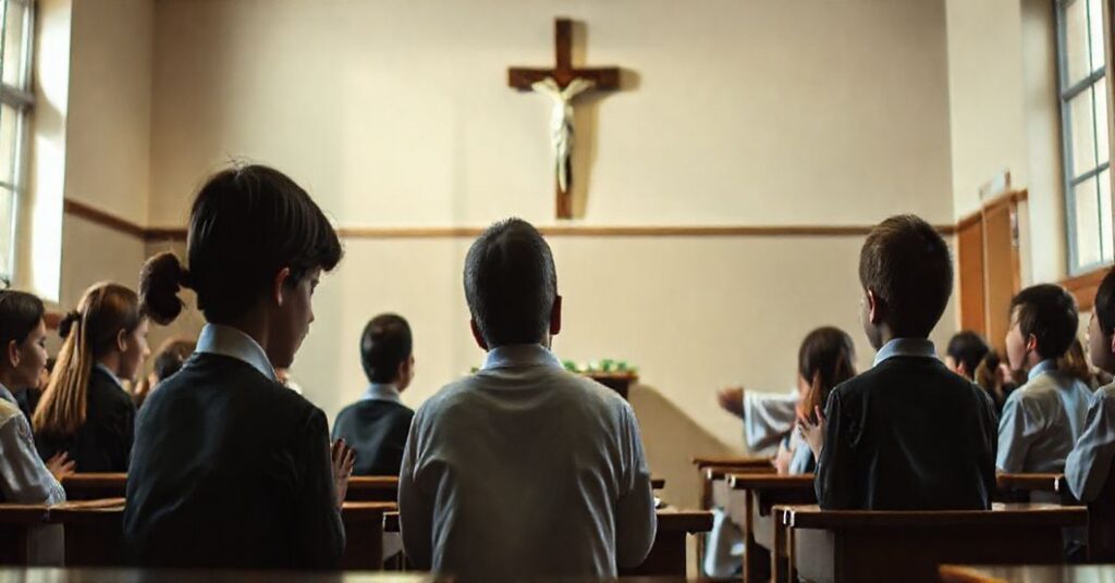 Nauczyciel katolicki modli się z uczniami w szkolnej klasie pełnej pokoju i czci