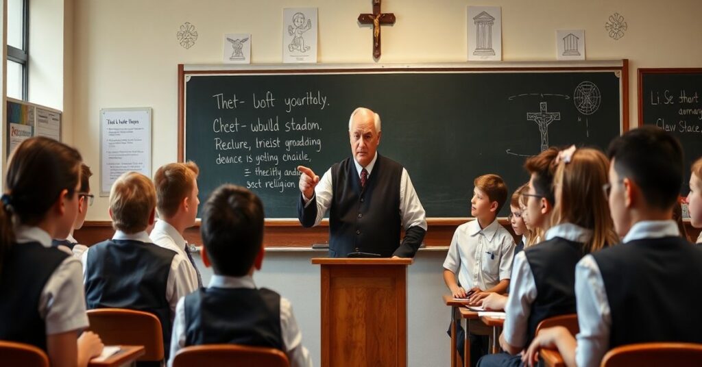 Tradycyjna katolicka klasa z nauczycielem w stroju i uczniami w mundurach, podkreślającym autorytet i dyscyplinę w katolickiej edukacji.