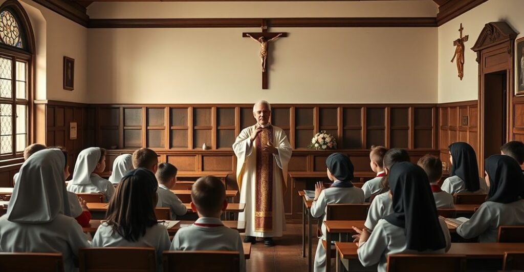 Tradycyjna katolicka klasa z księdzem na tle krucyfiksu, dzieci w skromnych ubraniach, odzwierciedlająca ważność edukacji zgodnej z nauką Kościoła