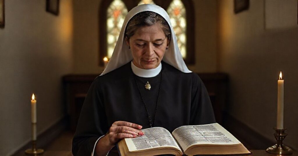 Kobieta w tradycyjnym stroju katolickim w kaplicy medytuje nad książką Hanny Arendt przy otwartym Biblii, symbolizując konflikt między sekularnym feminizmem a nauką katolicką o kobiecie.
