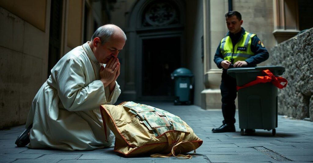 Kobieta z tradycyjnym strojem katolickim modli się przed odzyskaną torebką z pieniędzmi w Trieście