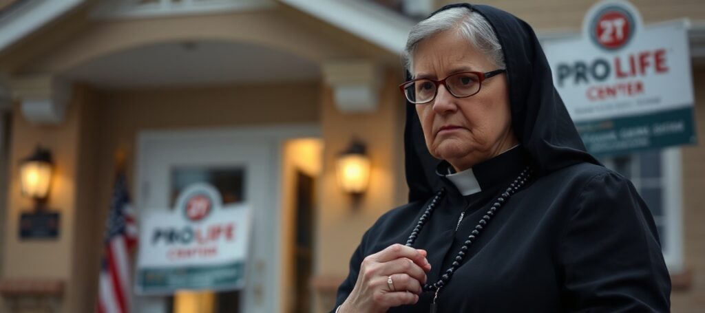 Kobieta w tradycyjnym stroju katolickim modli się przed centrum pro-life w Minnesocie, symbolizując walkę o prawdę wobec ukrywanych danych przez prokuratora Keitha Ellisona.