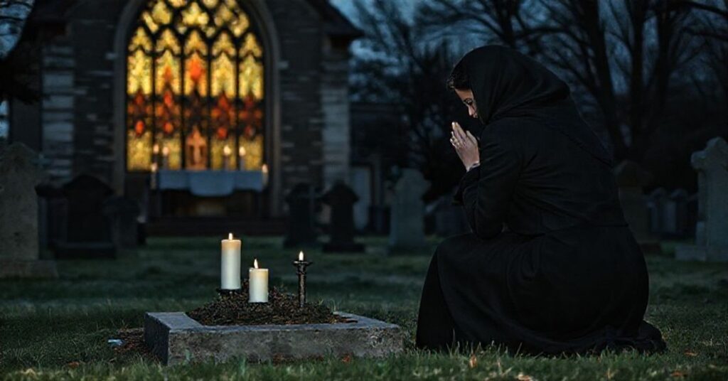 Kobieta modli się przy grobie w tradycyjnym katolickim cmentarzu podczas Dnia Zadusznego
