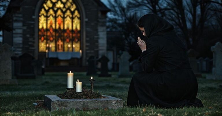 Kobieta modli się przy grobie w tradycyjnym katolickim cmentarzu podczas Dnia Zadusznego