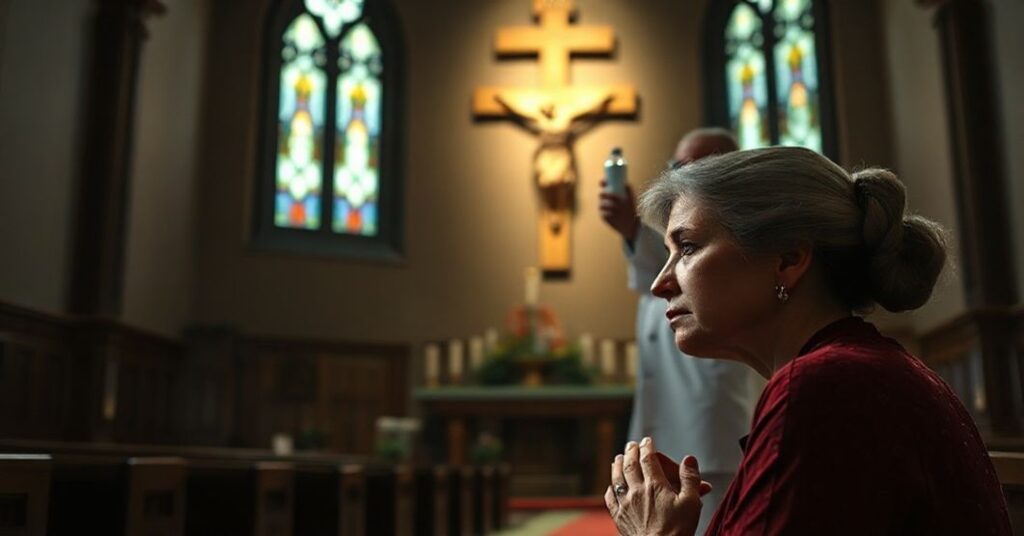 Pobożna katolicka kobieta modli się przed krzyżem w kościele, symbolizując walkę o życie w obliczu zatwierdzenia przez FDA śmiertelnego leku aborcyjnego.