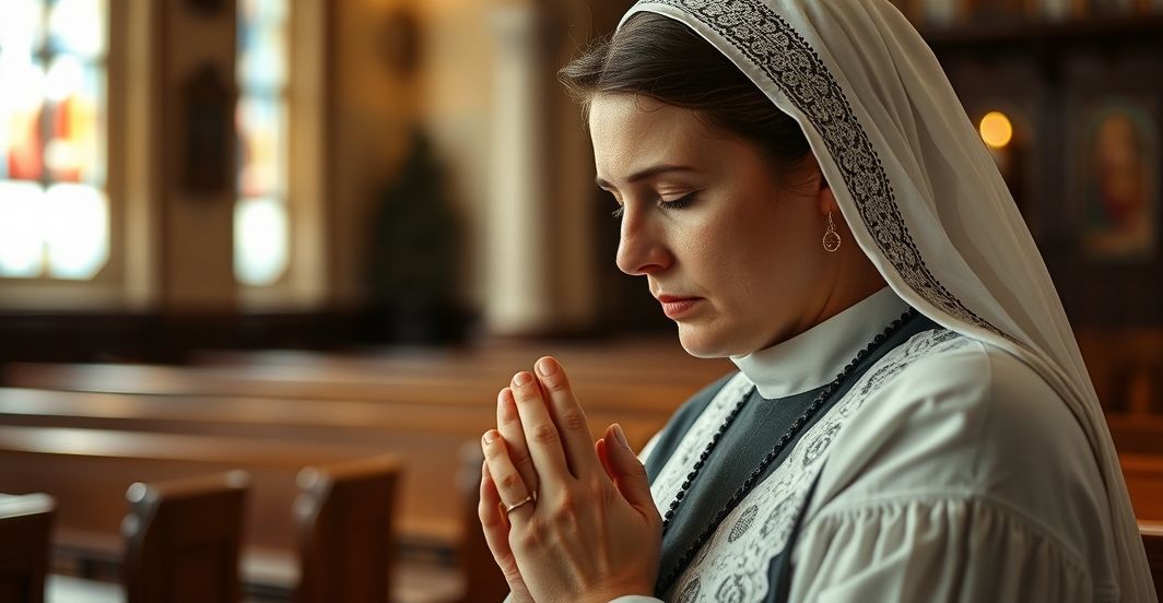 Katolicka kobieta modląca się w kościele z różańcem Rezystentna katolicka kobieta modląca się z różańcem w kościele, wyraz głębokiej wiary i pokuty
