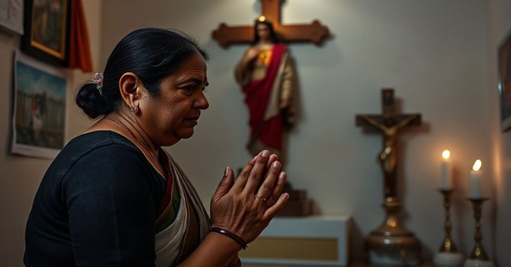 Kobieta katolicka modli się w kaplicy z obrazem Najświętszego Serca Jezusa przed granicą Indii-Bangladeszu