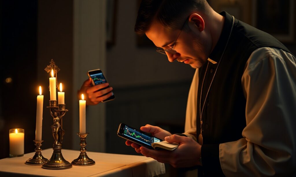 Kobieta w tradycyjnej katolickiej sukni modli się przed ołtarzem z krzyżem i Biblią, trzymając smartphone z ikonami hazardu i zakupów online