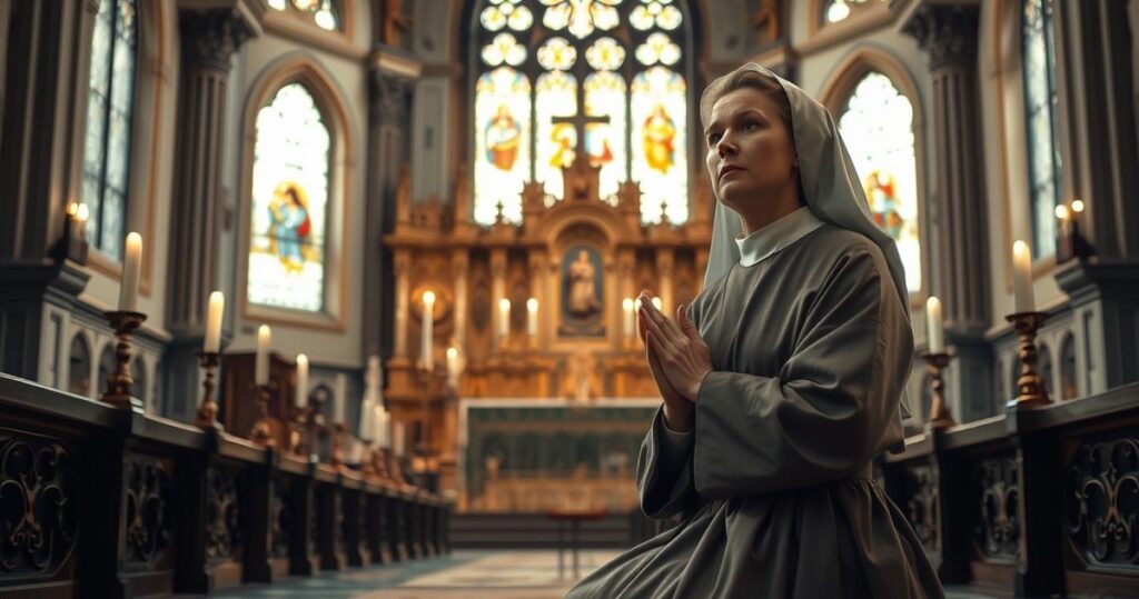 Katolicka kobieta w modlitewnym skupieniu w tradycyjnej świątyni, symbolizująca wierność naukom Kościoła katolickiego