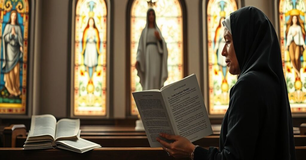 Tradycyjna katolicka kobieta w modlitwie przed rzeźbą Matki Boskiej, otoczona symbolami fałszywego feminizmu i modernistyczną literaturą. Wyrażenie pełne smutku i głębokiej refleksji.