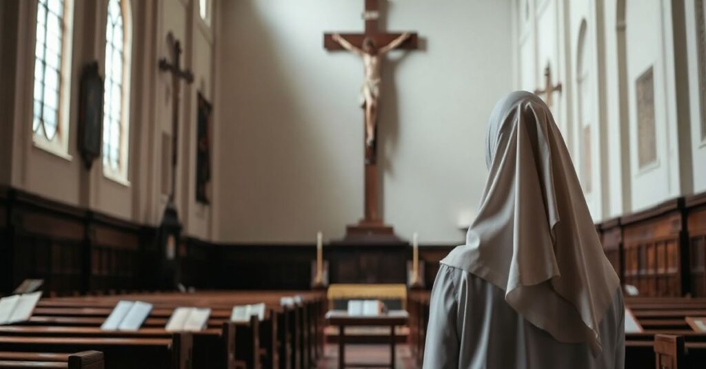 Działająca katolicka kobieta w modlitewnym nastroju w tradycyjnej świątyni, symbolizująca moralną opór wobec ideologicznej tyranii