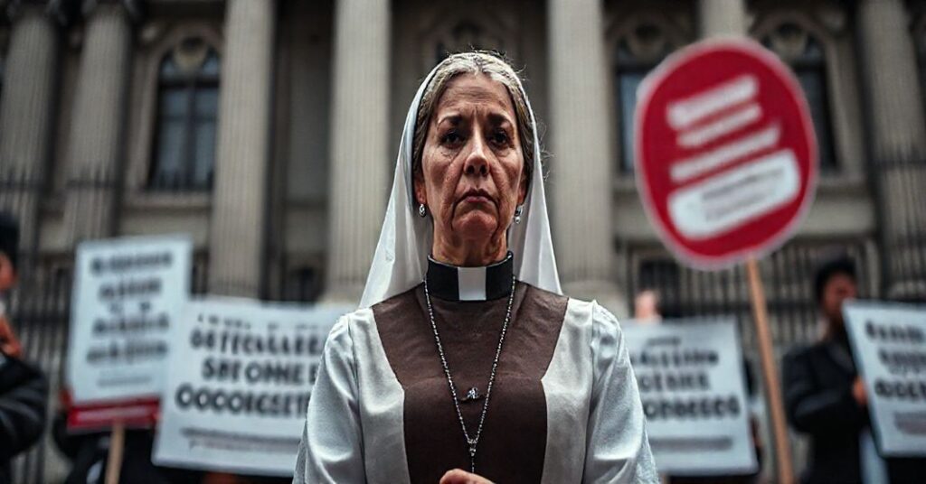 Kobieta w tradycyjnym stroju katolickim stoi przed budynkiem rządowym z zaniepokojonym wyrazem twarzy. W tle znajdują się plakaty protestujące przeciwko finansowaniu antykoncepcji przez państwo, z cytatami z nauczania Kościoła.