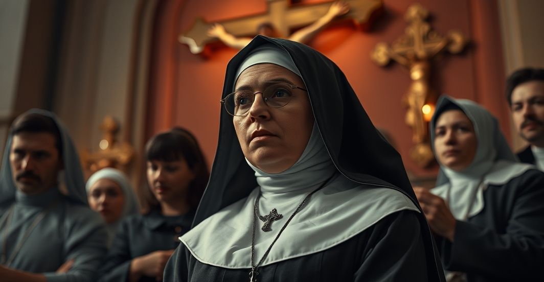 Catholic woman praying before a crucifix, symbol of moral courage amidst social oppression Katolicka kobieta w modlitewnym geście przed krzyżem, symbolizująca moralną odwagę i wiarę w obliczu prześladowań społecznych