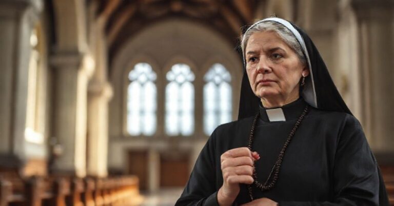 Kobieta katolicka w tradycyjnym kościele europejskim rozważa etyczne i moralne aspekty surogacji.