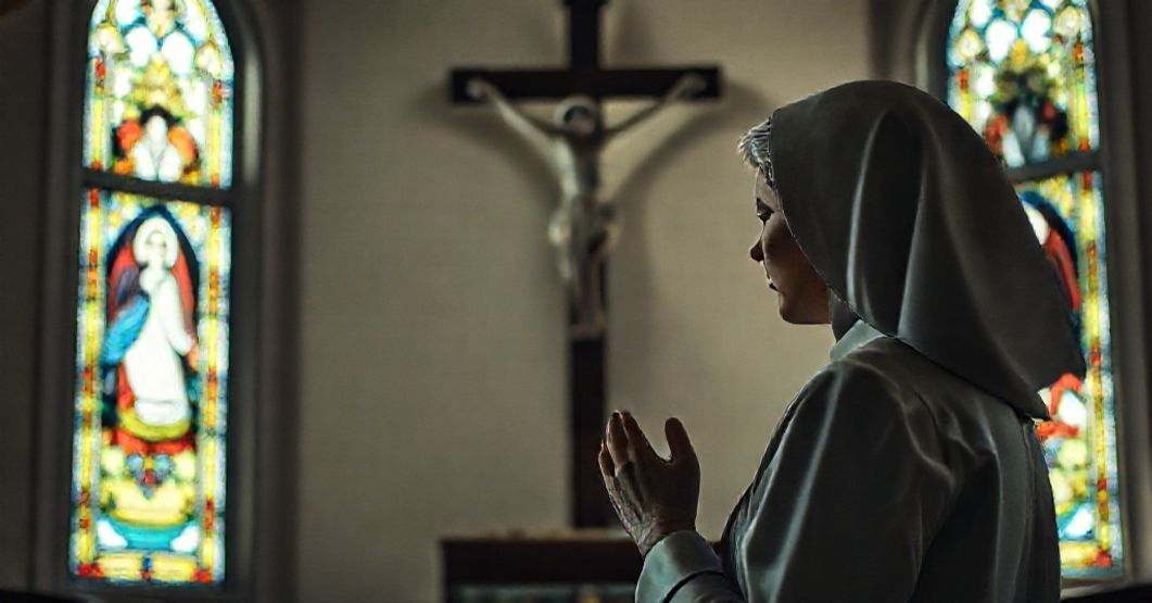 Tradycyjna katolicka kobieta modli się w kaplicy przed ukrzyżowanym Chrystusem