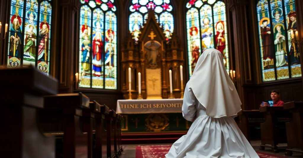 Tradycyjna katolicka dziewica w białym habitie modli się przed ołtarzem w historycznym kościele