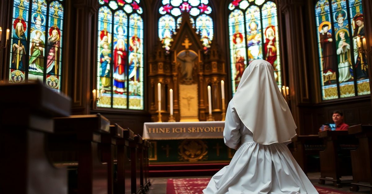 Tradycyjna katolicka dziewica w białym habitie modli się przed ołtarzem w historycznym kościele