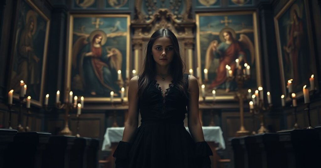 Ciemna sala z młodą kobietą w gotyckiej sukni przed ołtarzem, symbolizująca konflikt między tradycyjnymi wartościami katolickimi a współczesną apostazją kulturową.