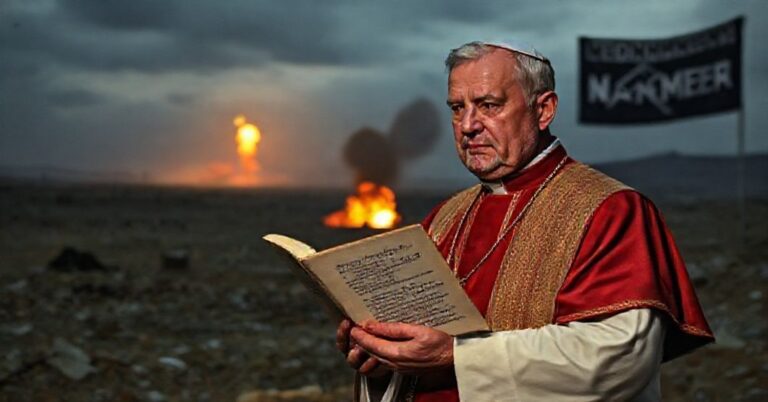 Księż w tradycyjnym habitacie modłśąc przed zniszczonym krajem po amerykańskim bombardowaniu