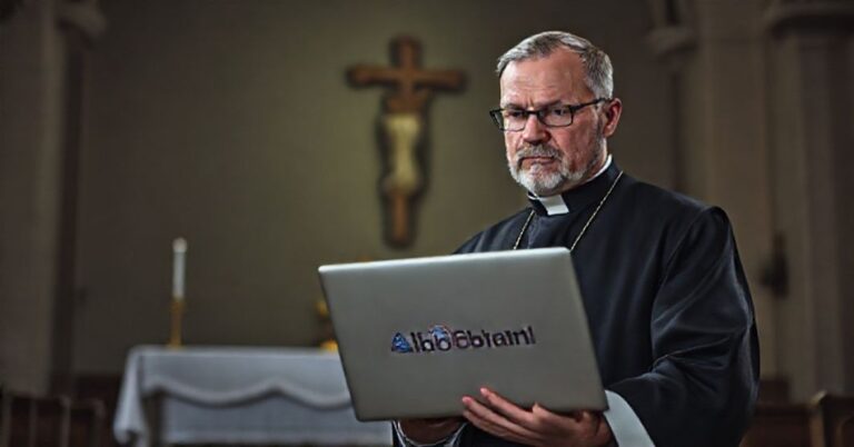 Ksiądz w tradycyjnym habitacie patrzy z niepokojem na laptop z logo banku Alior w kościele.
