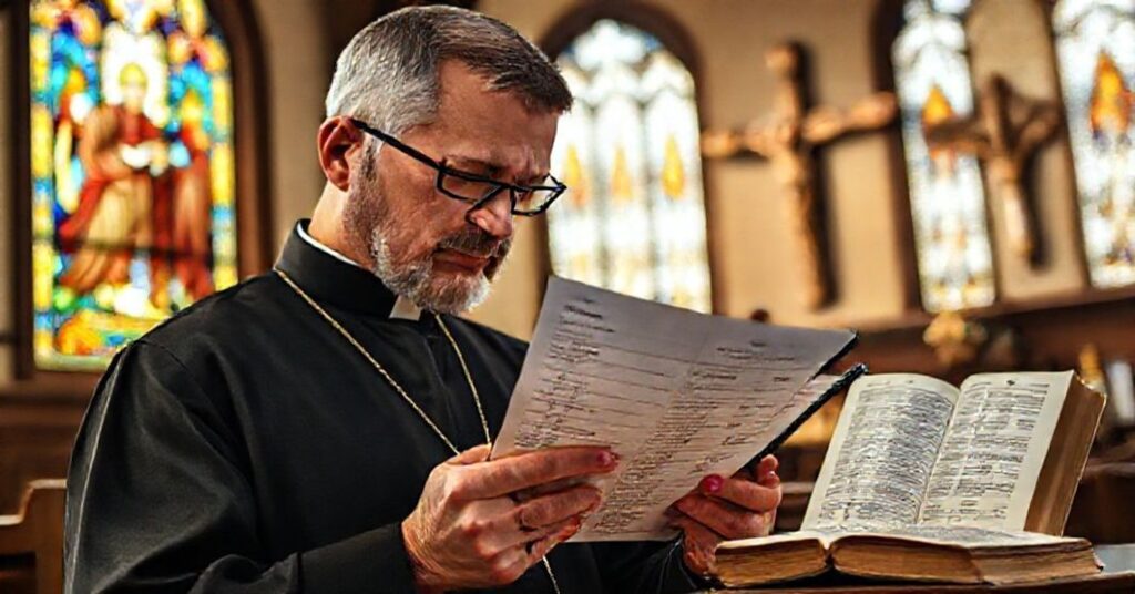 Tradycyjny katolik modli się w kościele z bankowym wyciągiem i aplikacją bankową, zastanawiając się nad moralnością bankowości elektronicznej.