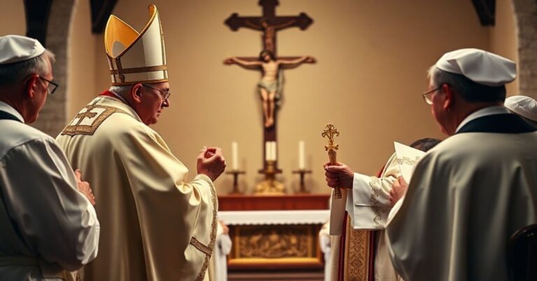 Uroczystość katolicka z tradycyjnymi elementami liturgicznymi, w trakcie której biskup w ornatyce nowego rytusu prowadzi proces beatyfikacyjny. Na tle widoczna jest prosta wiejska cerkiew z krzyżem, podkreślając kontrast między autentyczną pobożnością katolicką a modernistycznymi fałszami. Zdjęcie przekazuje powagę, święte tradycje i duchowe niebezpieczeństwa naturalistycznego bohaterstwa.