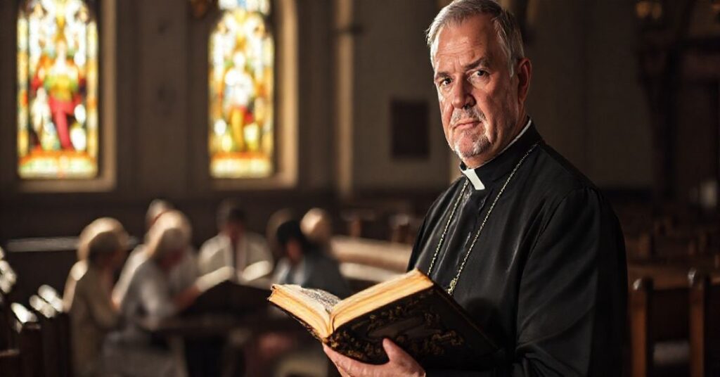 Ksiądz w tradycyjnym ornacie trzyma zamkniętą biblię w ciemnej kościelnej przestrzeni