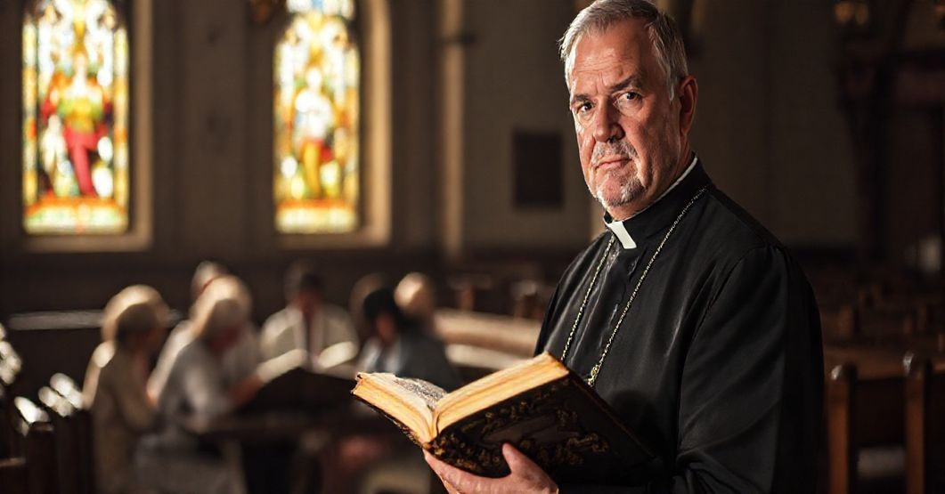 Ksiądz w tradycyjnym ornacie trzyma zamkniętą biblię w ciemnej kościelnej przestrzeni