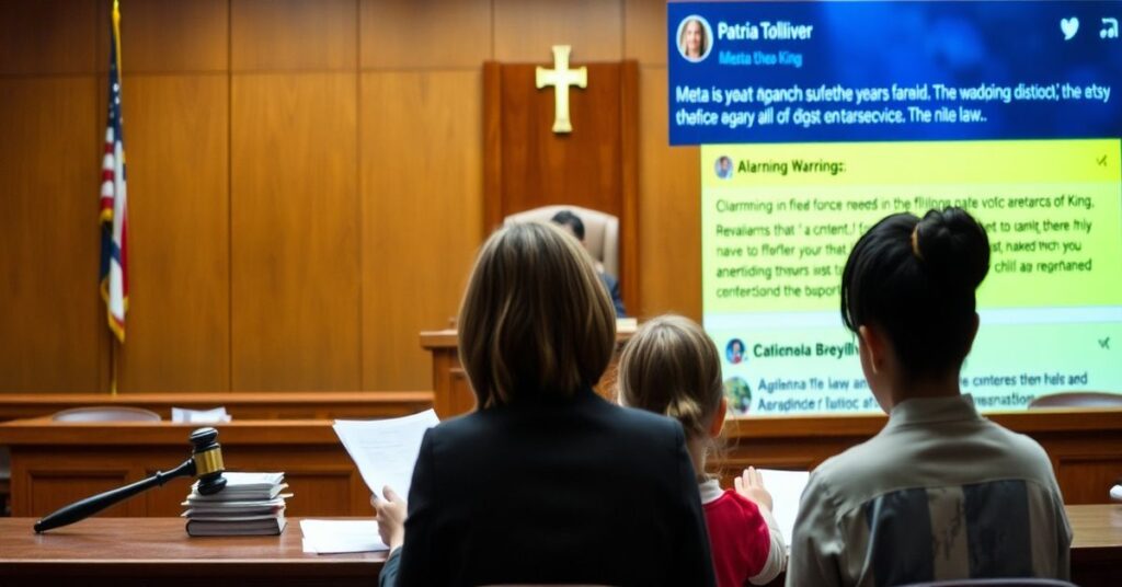 Sądowa sala z sędzią Patricia Tolliver Giles na tle dokumentów prawnych i młota sądowego. Na pierwszym planie rodzina katolicka modli się, symbolizując konflikt między świeckim prawem a boską moralnością. Na tle rozmyty interfejs mediów społecznościowych z ostrzeżeniami dotyczącymi niebezpiecznej treści.