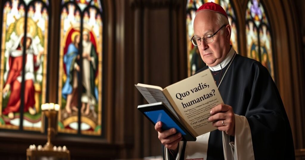 Kardynał w tradycyjnych szatach kościelnych trzyma dokument MKT w katedrze z witrażami przedstawiającymi Chrystusa Króla