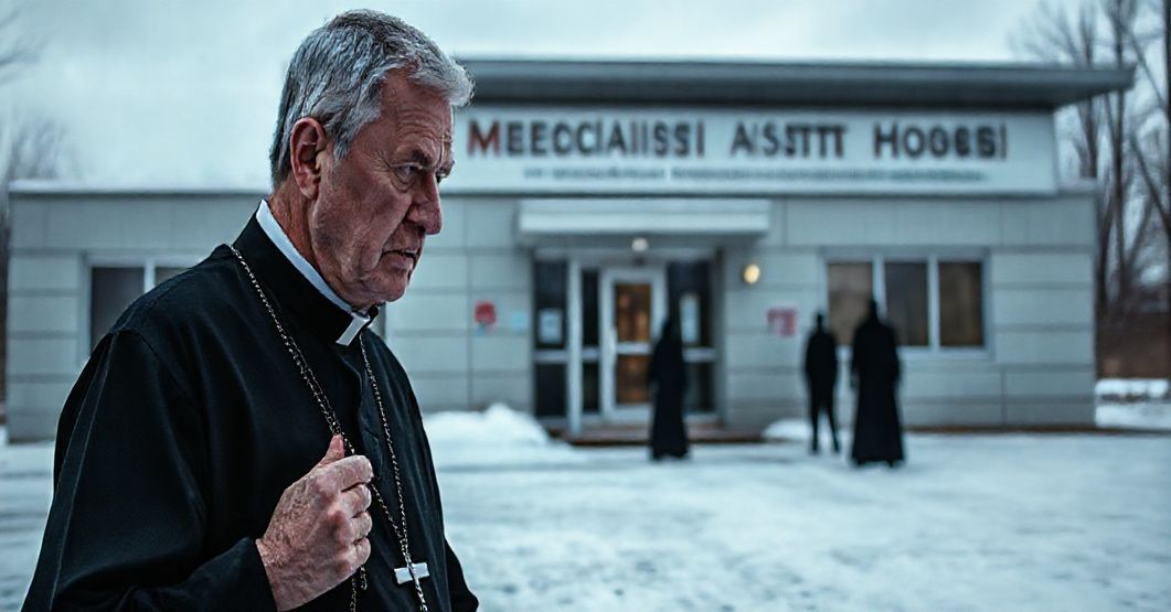 Tradycyjny katolik w sutannie przekazujący swoje oburzenie wobec kanadyjskiego domu eutanazji