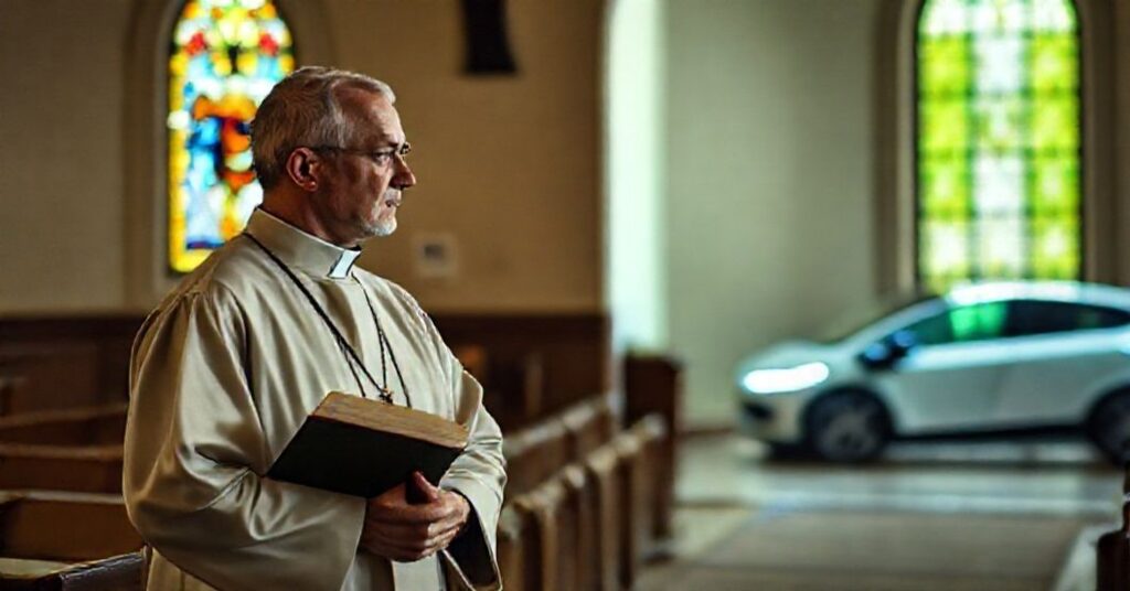 Ksiądz katolicki patrzy z troską przez witraż na elektryczny samochód na zewnątrz kościoła.