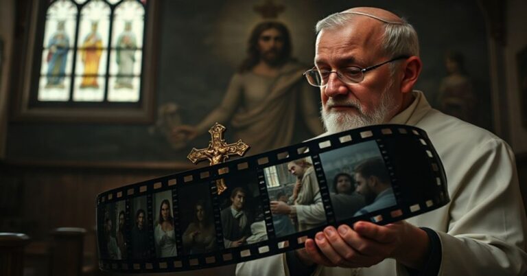 Ksiądz katolicki trzyma krzyż w ciemnym kościele obok zniszczonej taśmy filmowej.