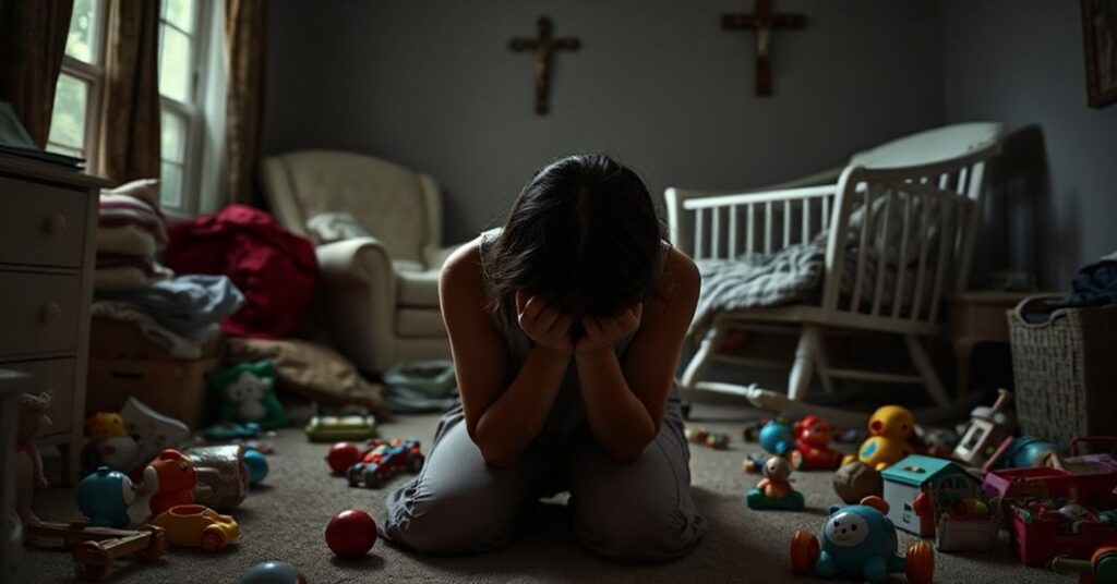 Zmieszana młoda matka w depresji poporodowej w pokoju dziecięcym z krzyżem na ścianie