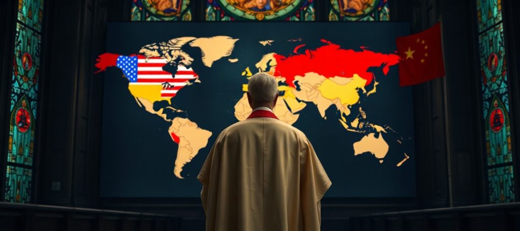 Ksiądz w ornacie stoi przed mapą świata z zaznaczonymi strefami konfliktów (Tajwan, Ukraina), trzymając krzyż i patrzący na horyzont z troską. W tle widoczny jest wnętrze kościoła z witrażem Chrystusa Króla i nowoczesne wieżowce.