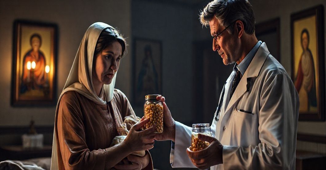 Tradycyjna scenka katolicka przedstawiająca zmartwioną matkę z dzieckiem i lekarza prezentującego orzechy ziemne w szklance.