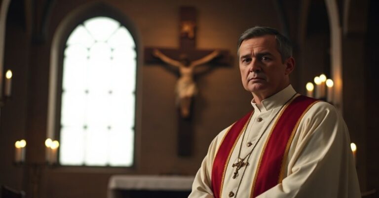 Sobór katolicki z krzyżem i kapłanem w stroju liturgicznym w tle