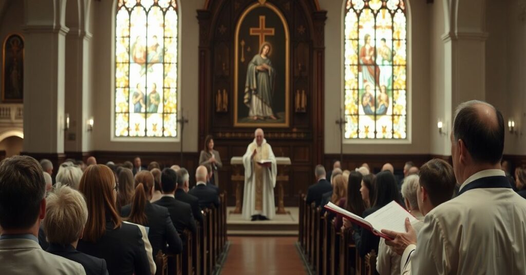 Katedra katolicka z księdzem wygłaszającym kazanie na temat niebezpieczeństw ideologii płciowej. Scena zawiera tradycyjną katolicką ikonografię i skupioną zebraninę. Obraz odzwierciedla krytykę artykułu wobec przeprosin Teda Levina za postać Buffalo Billa i społeczną akceptację zaburzeń psychicznych.