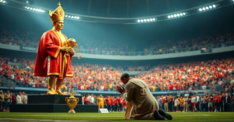 Sobiepanie katolik modli się przed złotą statuą Roberta Lewandowskiego otoczonego trofeami sportowymi, podczas gdy w tle widoczny jest stadion pełen fanów.