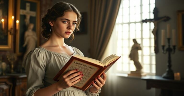 Kobieta trzymająca książkę Jane Austen przed częściowo zasłoniętym obrazem Chrystusa Króla w tradycyjnym katolickim pomieszczeniu.