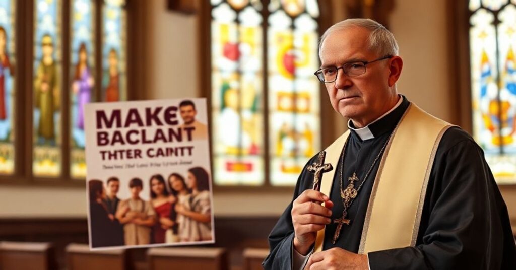 Tradycyjny katolicki ksiądz w ornacie stoi w kościele z witrażami, trzymający krucyfiks i patrzący z niepokojem na oświatowy plakat promujący dialog międzyreligijny z hasłem 'MAM TAK SAMO'.