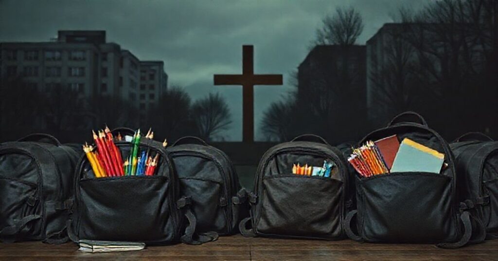 Powściągliwa katolicka scena przedstawiająca puste plecaki szkolne z wyłącznie świeckimi przedmiotami szkolnymi, symbolizujące duchową pustkę akcji "Kredkobranie".