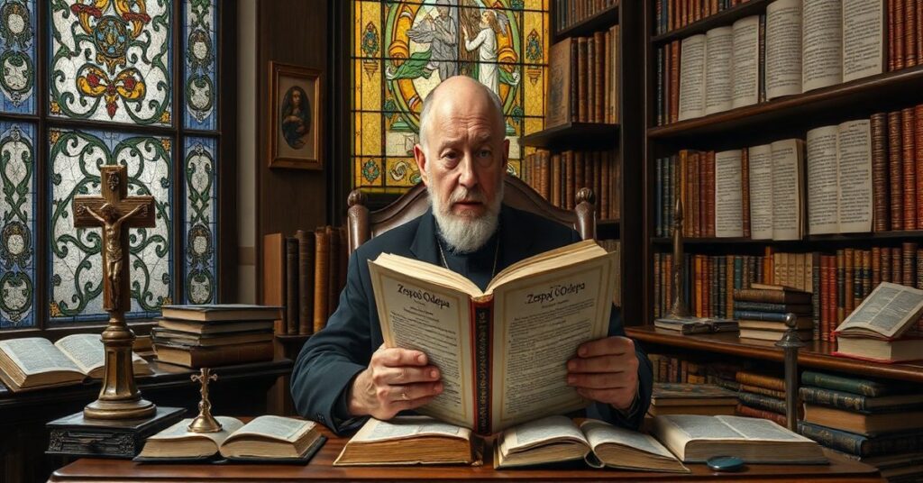 Ksiądz Siedzi w biblioteczce z książką "Zespó³ Odepa" Kryštofa Bartnickiego na stole obok krzyża