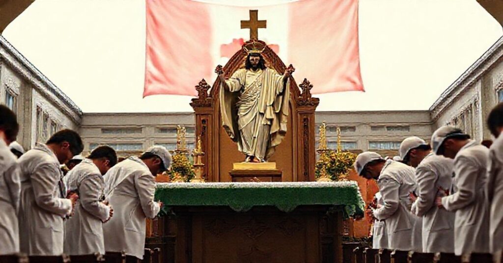 Tradycyjny katolicki ołtarz z rzeźbą Chrystusa Króla otoczony przez pracowników medycznych w białych fartuchach modlący się. Na tle widnieje budynek rządowy z flagą Alberty.