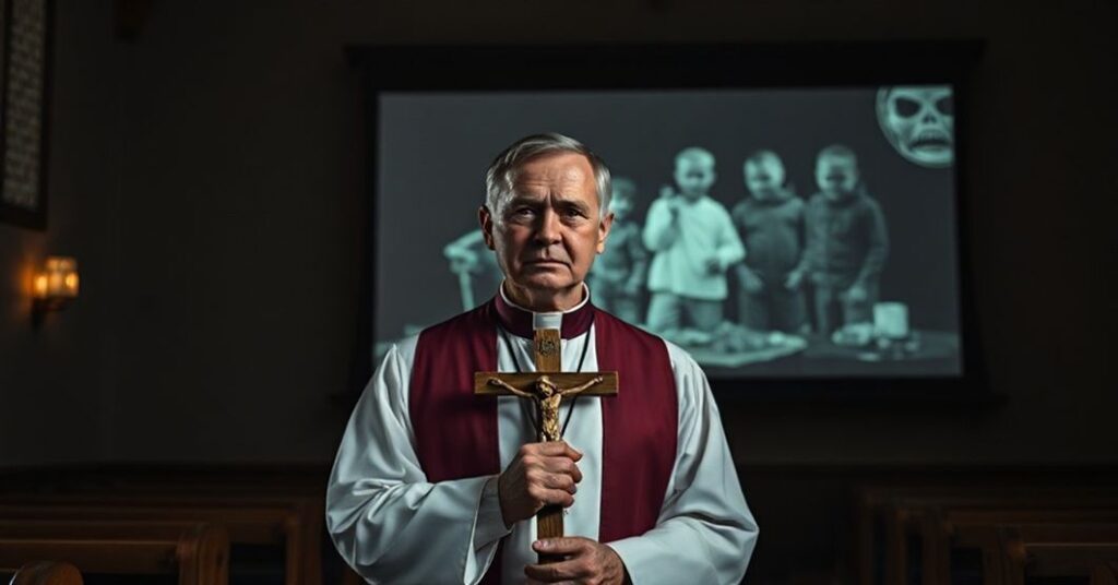 Ksiądz w tradycyjnych szatach kościelnych trzyma krucyfiks przed projekcją z obozu dla dzieci promoującego deprawację